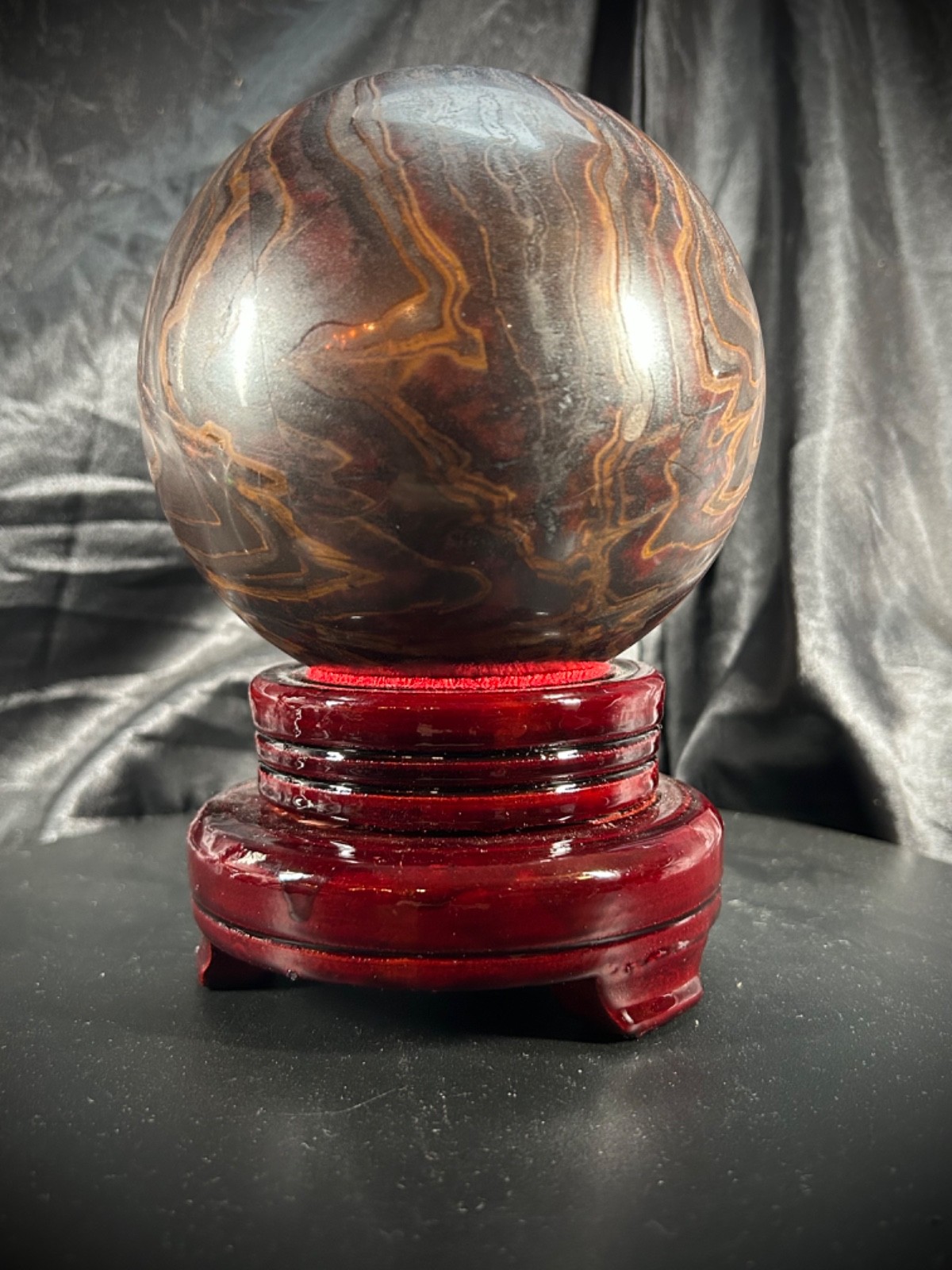 5″ Unique Tiger Iron (AKA Mugglestone) Sphere With Wood Swivel Stand 7lb 4.5oz