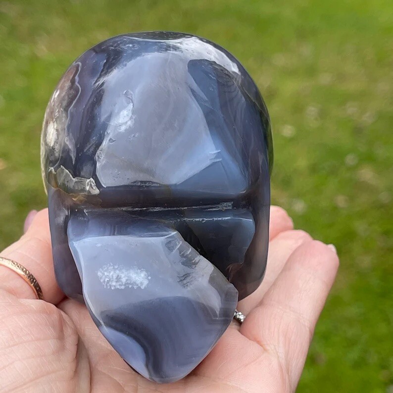 Natural Black Flower Agate W/Pink Amethyst Large Crystal Skull Gothic Home Decor