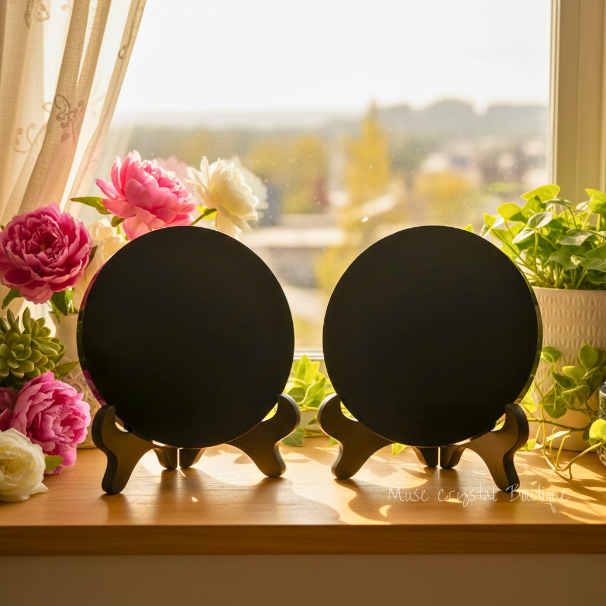 Obsidian Scrying Mirror Black Crystal Plate with Stand Home Decor Healing Gift