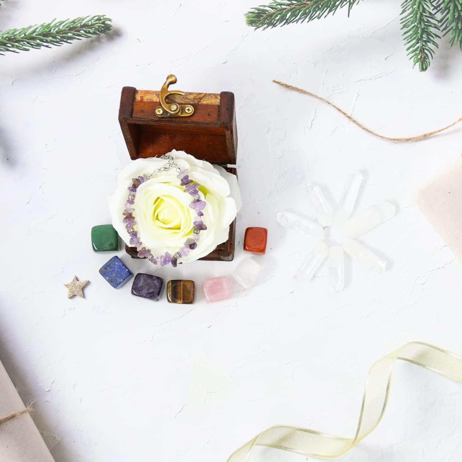 Elegant Healing Crystals & 7 Chakra Stones Set in Wooden Box – Gift for Women