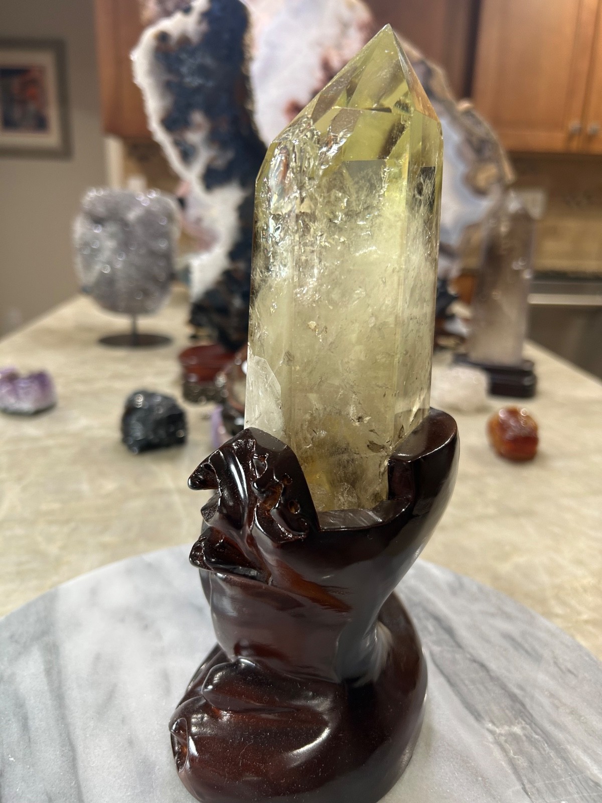 Citrine quartz crystal Freeform tower with custom wood stand