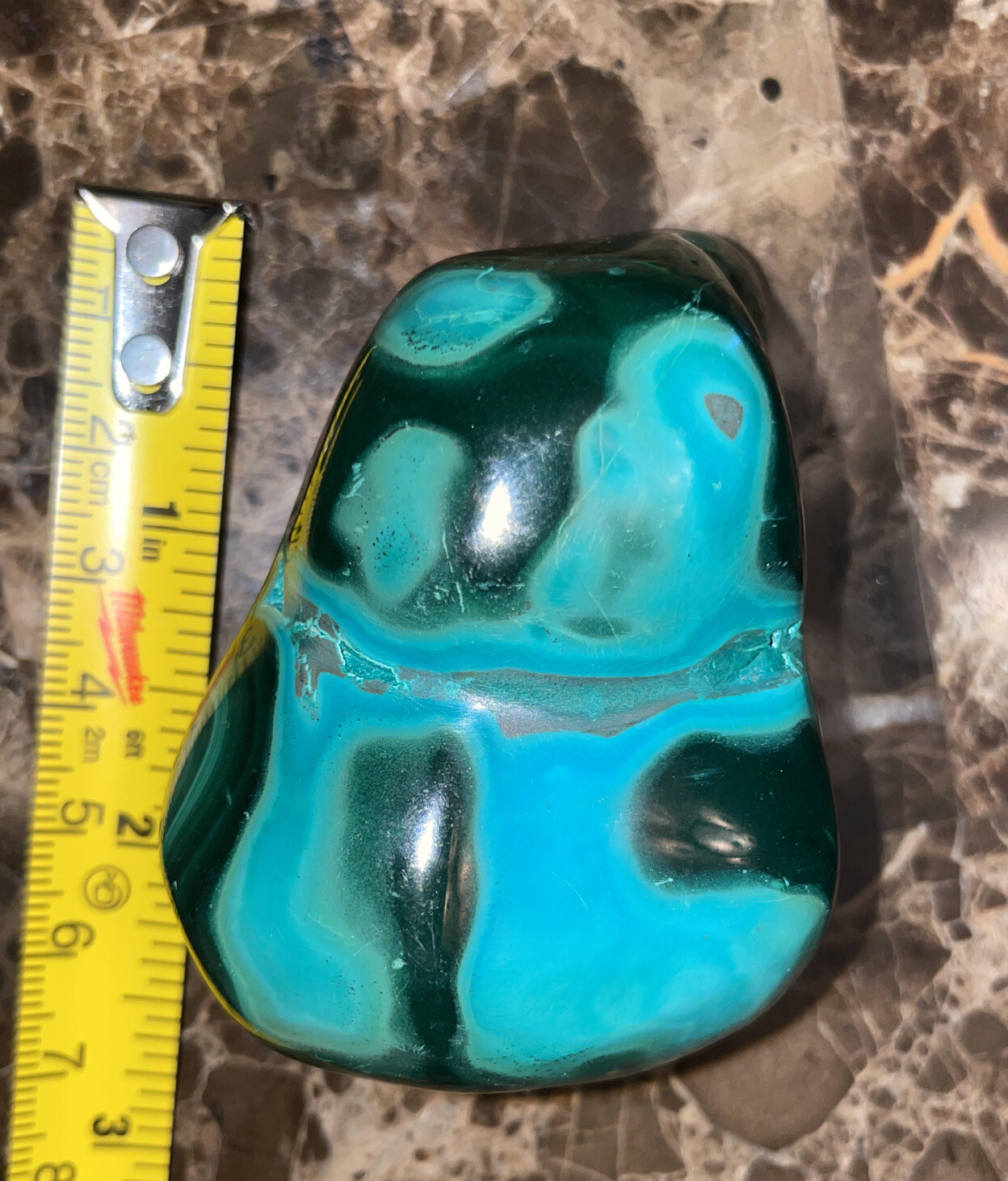 6.1oz Dark Green Malachites. Length 2 3/8”, Width 1 3/4”, Height 1 3/8”
