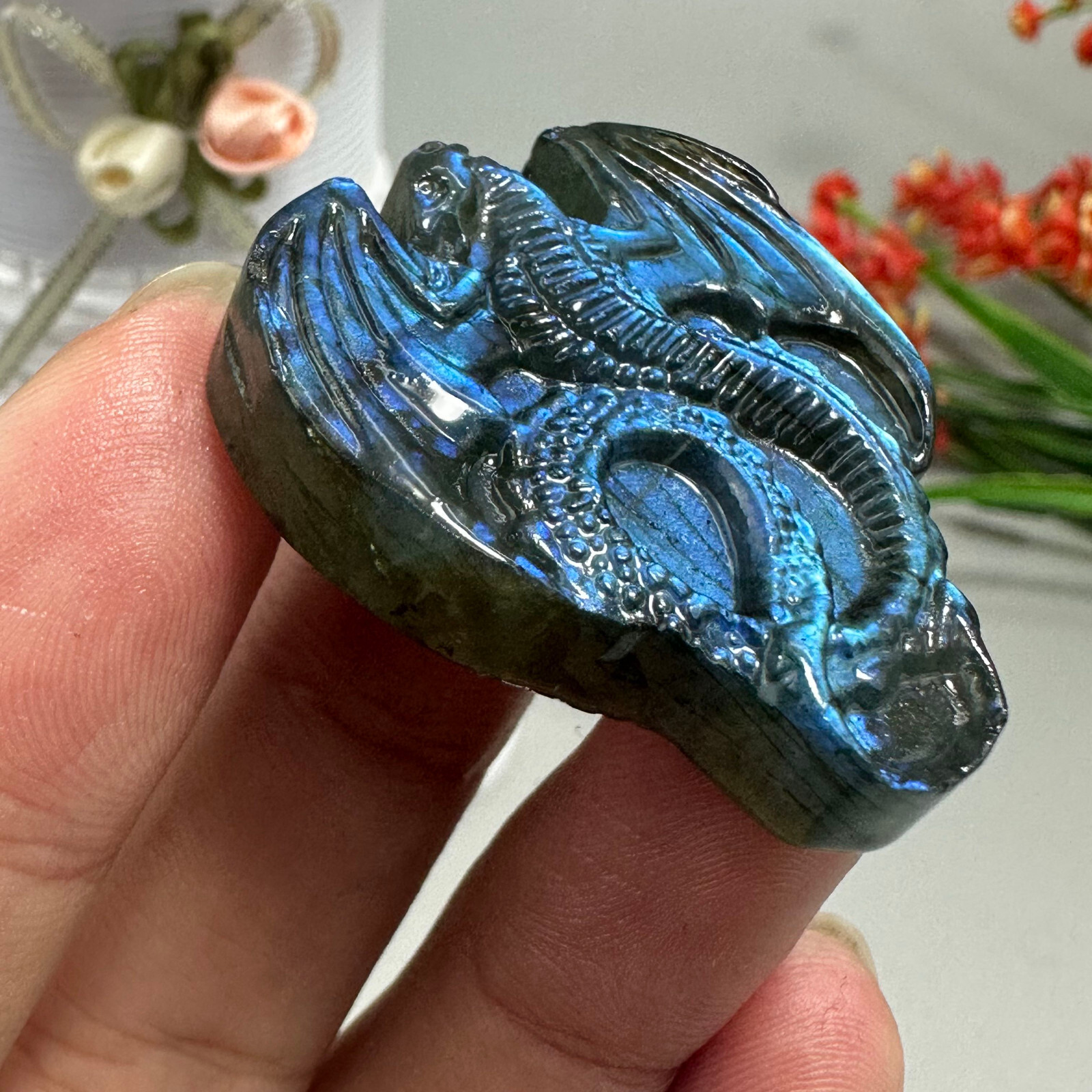 Natural Labradorite Carved dragon Quartz Skull Crystal Specimen Healing 1PC