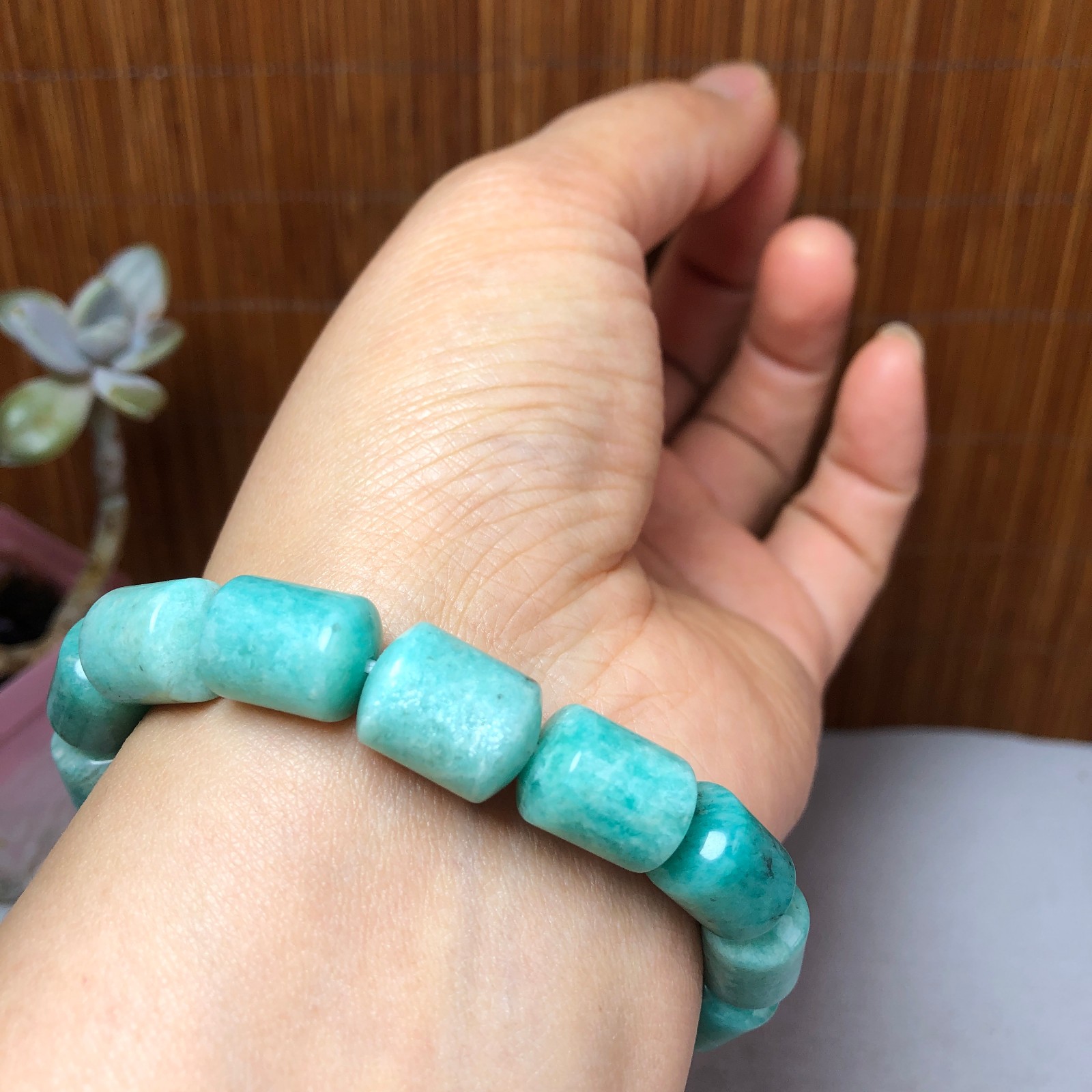 Natural amazon stone Bracelet Brown Gemstone Stretch Bucket bead Handmade A3700