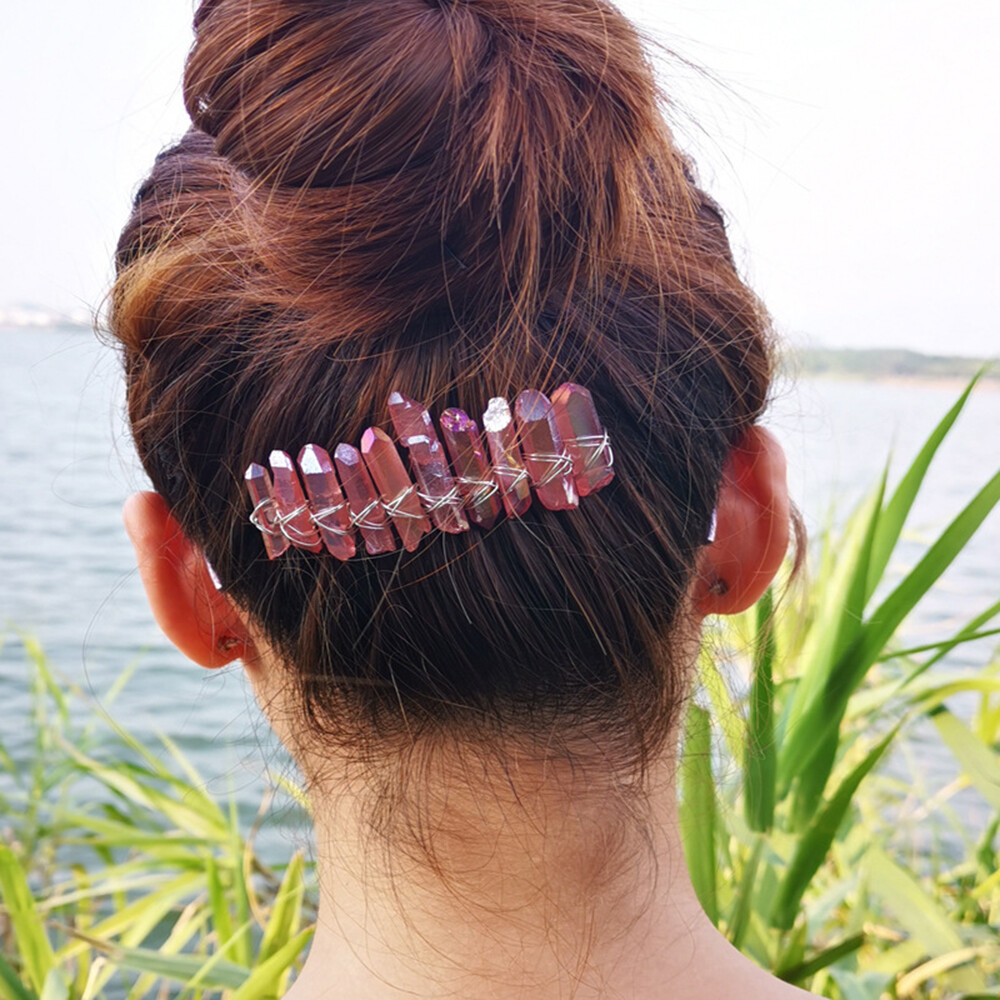 Women Natural Crystal Quartz Hair Comb Headdress Branches Wired Stone 20 teeth