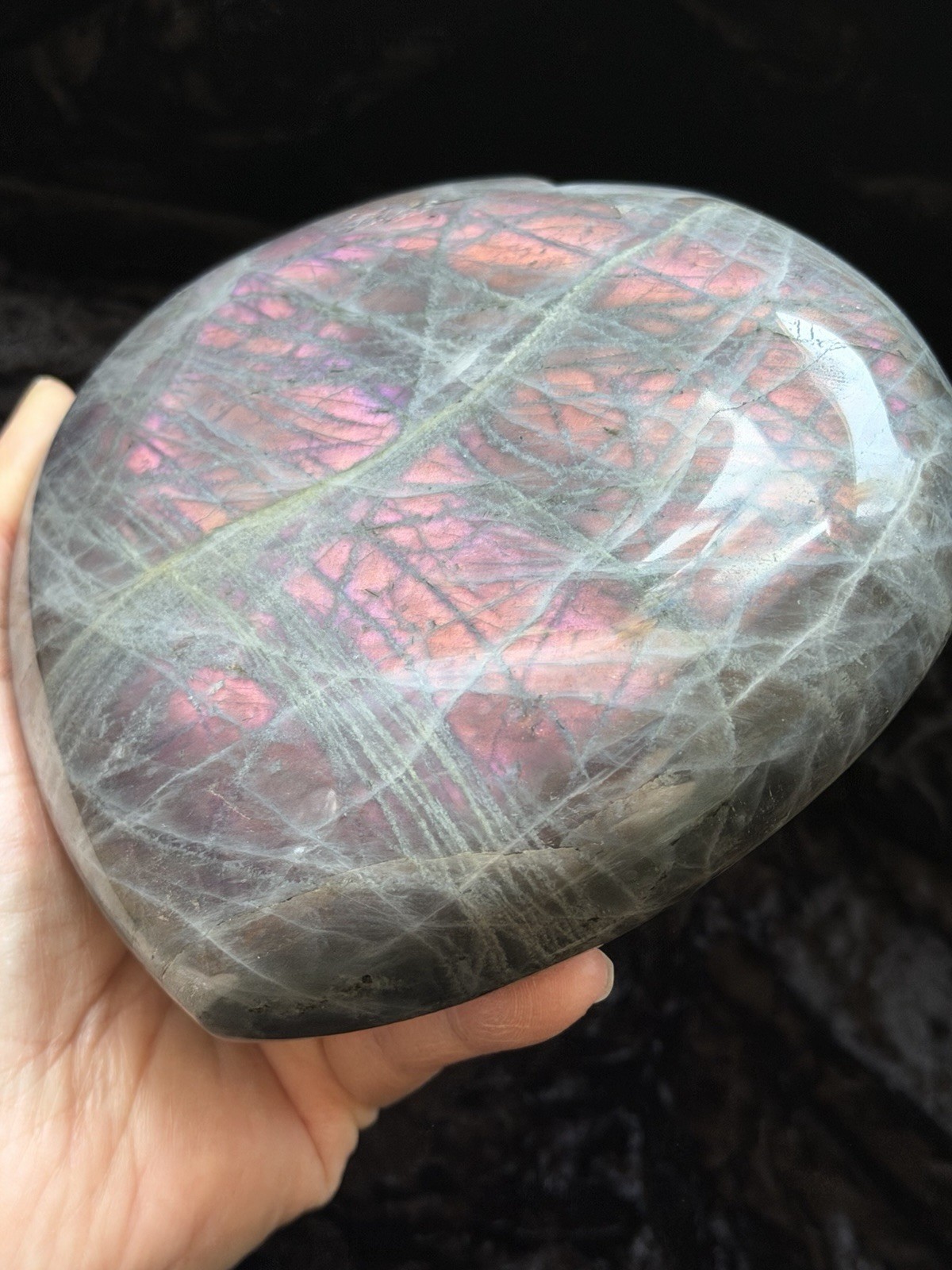 5.15” Large Purple Pink Orange Flash Labradorite Crystal Heart 1100 Grams