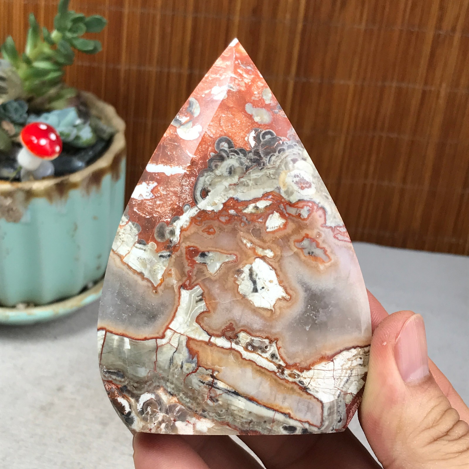 Natural money Mexico agate hand carve leaf Crystal Specimen free standing A6257