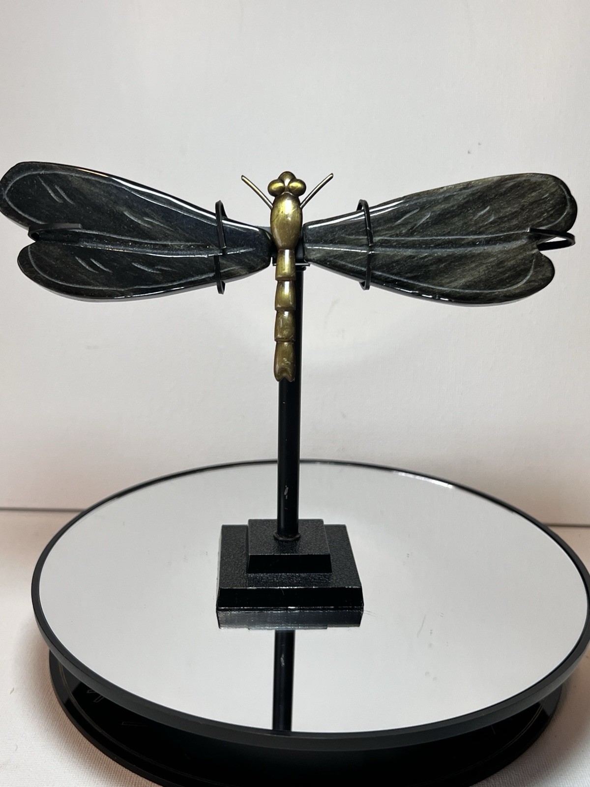 Golden Sheen Obsidian Dragon Fly Carving W/Holder – Measurements In Photos
