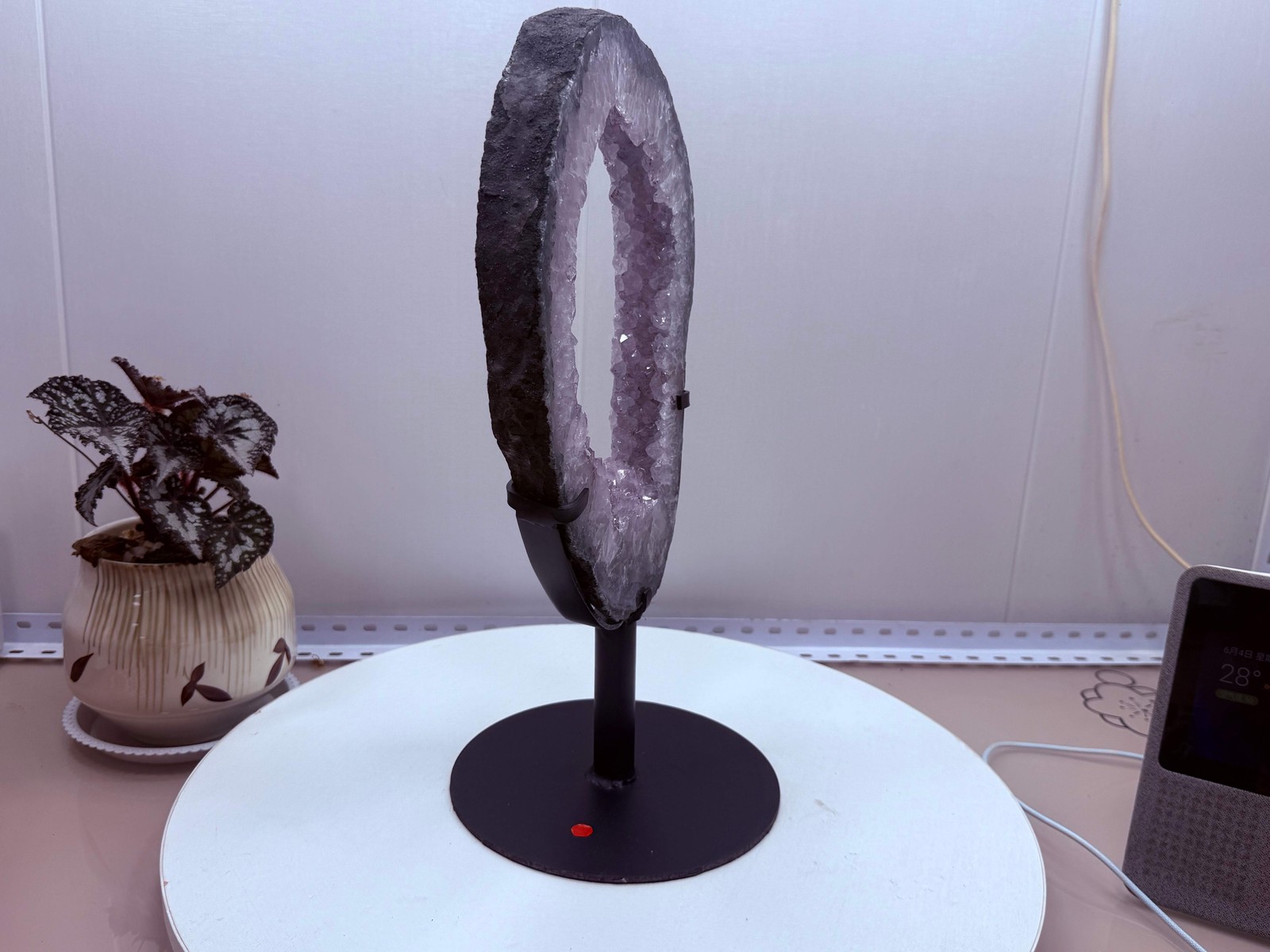 Amethyst Geode Ring Slice Ornament with Metal Stand Home Tabletop Decor Gift