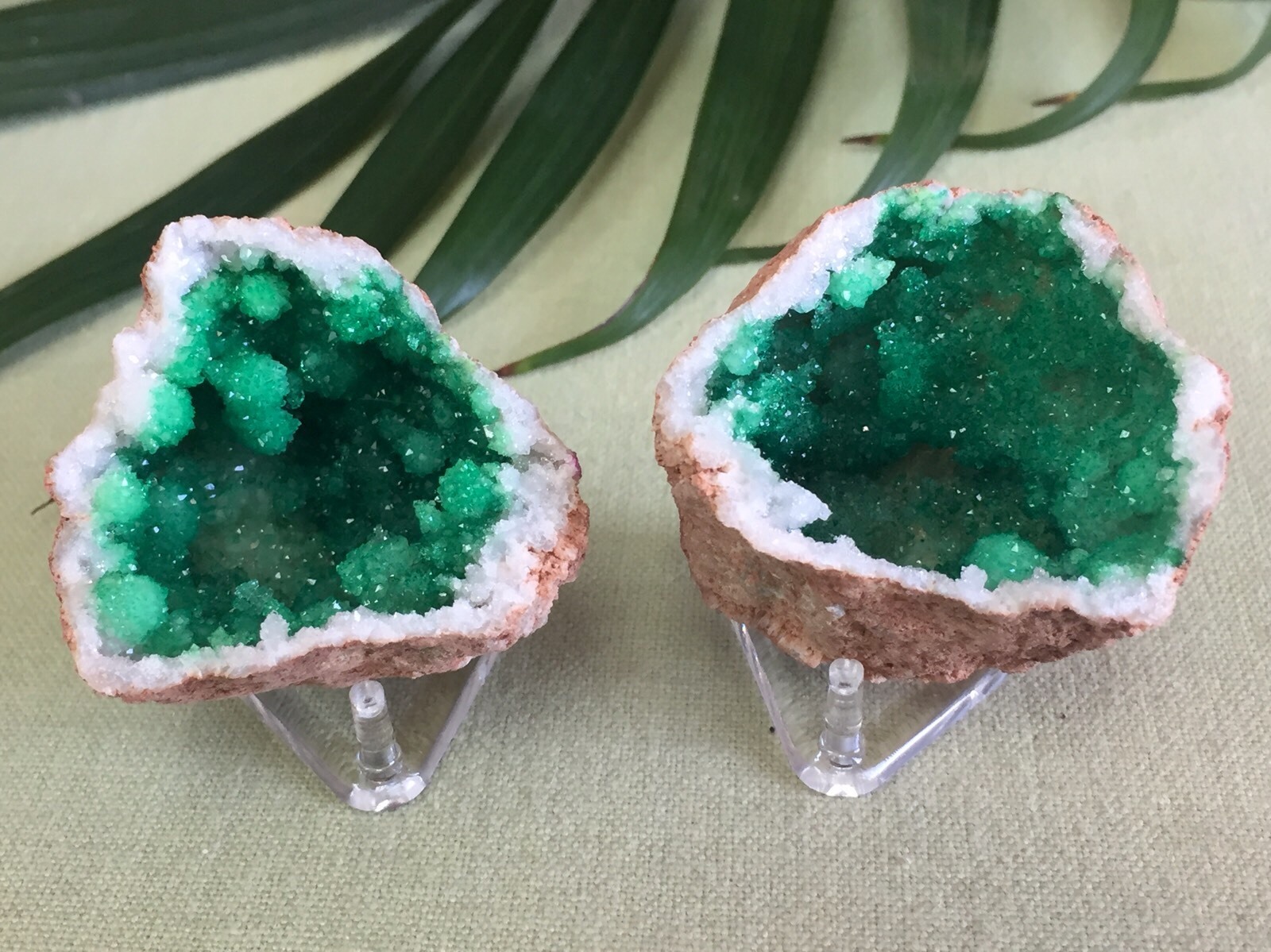 Green Geode Pair Geode Crystal Quartz Druze Specimen Morocco Geode Half