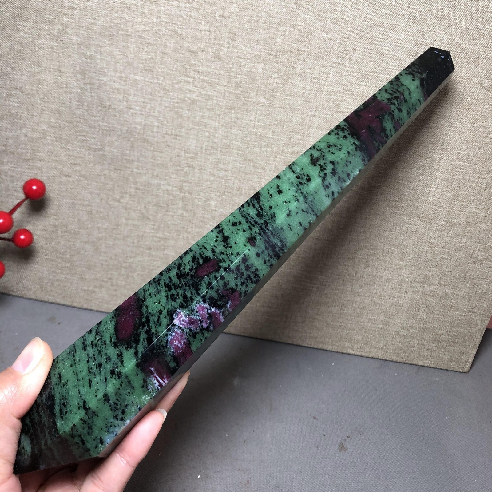 295mm Long Natural red green epidote wand Obelisk Crystal specimens 716g A4537