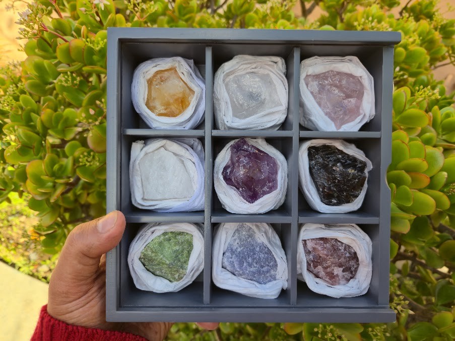Set of Nine Crystals and Healing Stones Decorative Display Showcase