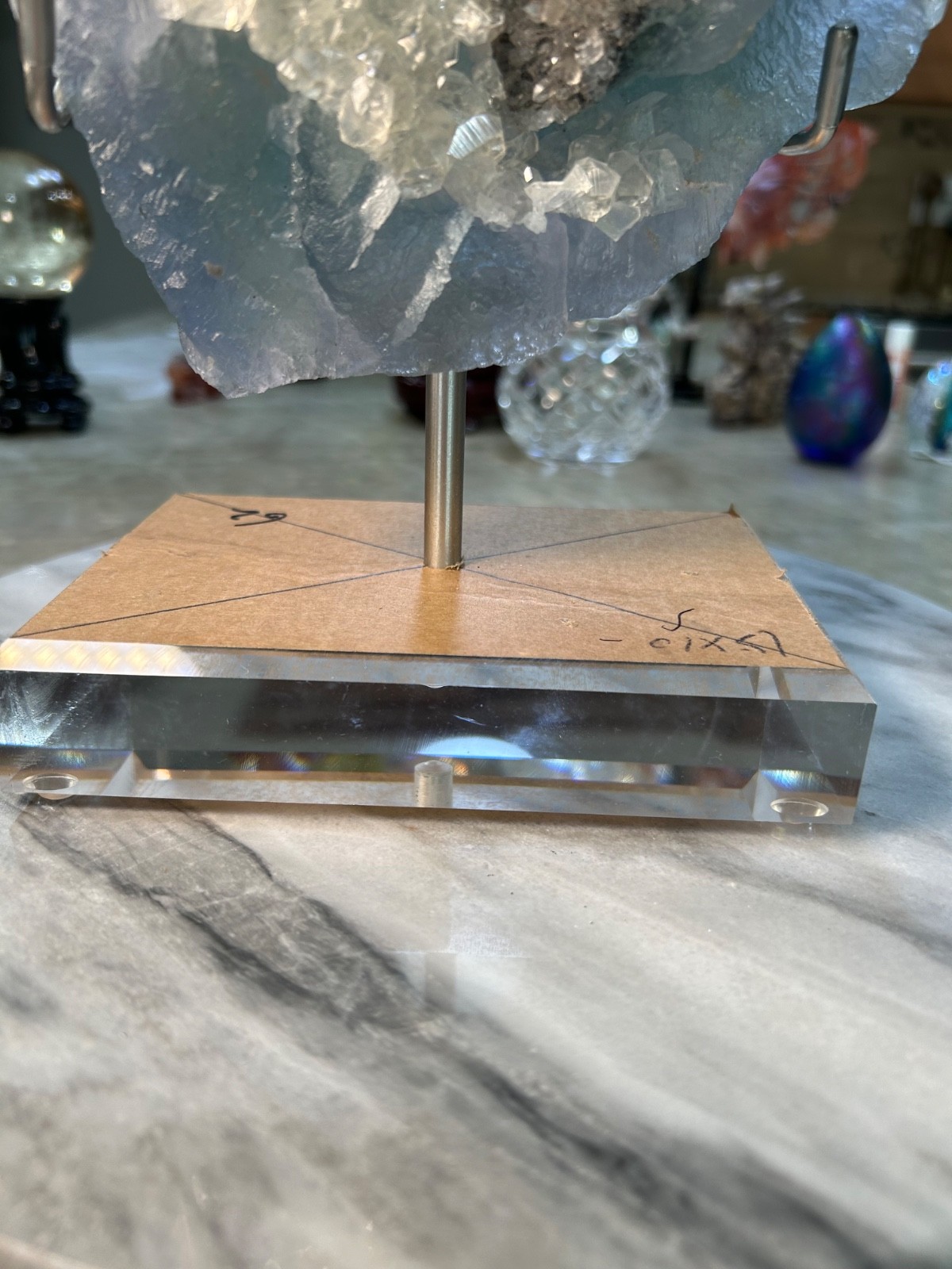 Blue, Green Fluorite Calcite specimen Freeform on acrylic stand UV reactive