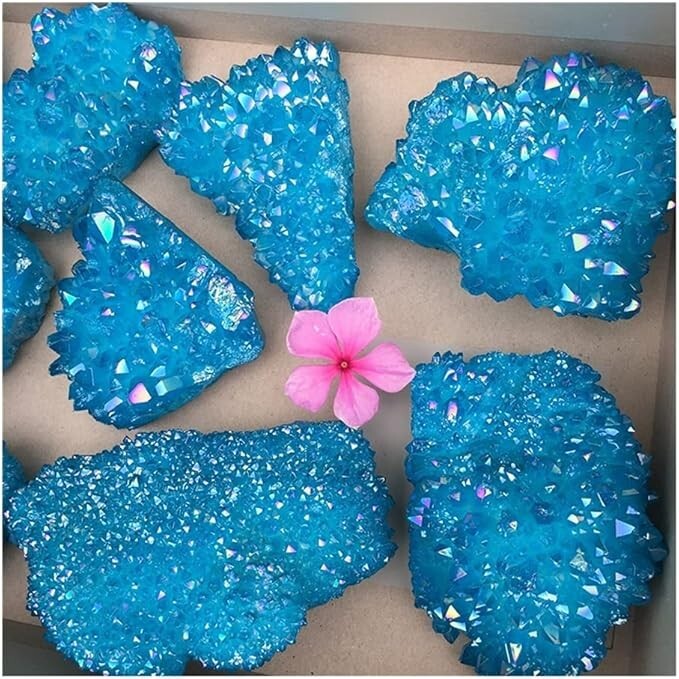 2025Rare Titanium Aura Blue Crystal Quartz Healing Cluster Geode Rock Decor Gift