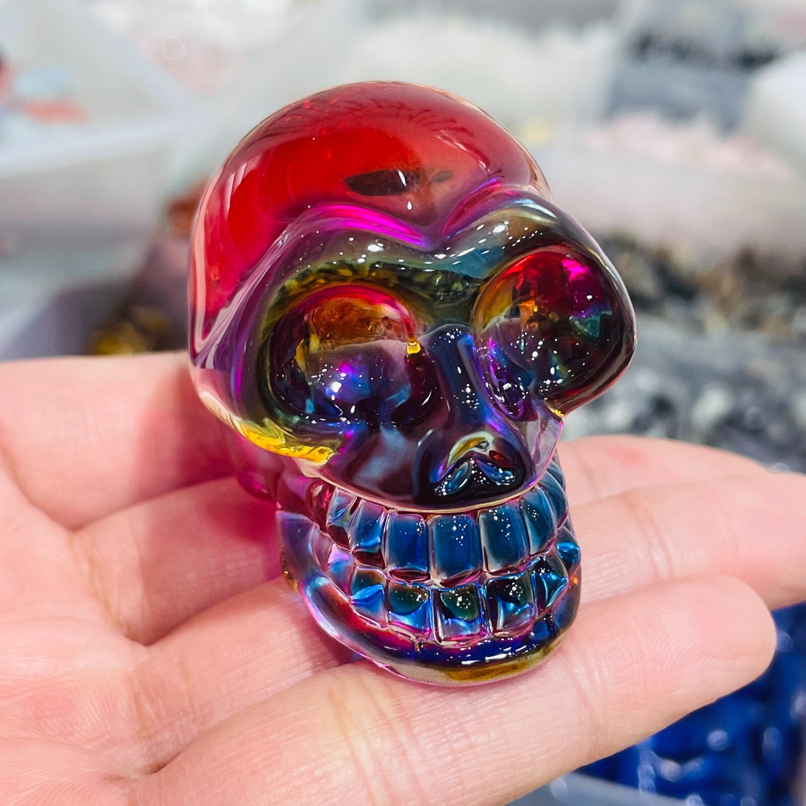 2″ Rainbow Titanium melting Quartz Hand carved skull crystal reiki healing 1PC
