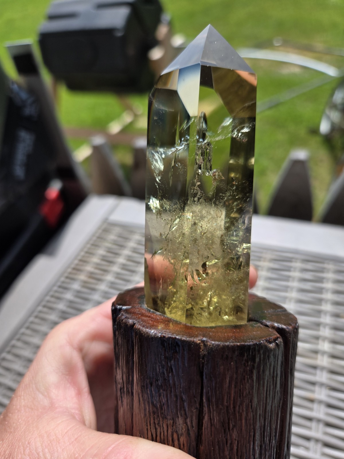 Large Natural Citrine Tower Point with Golden Inclusions on Wood Stand