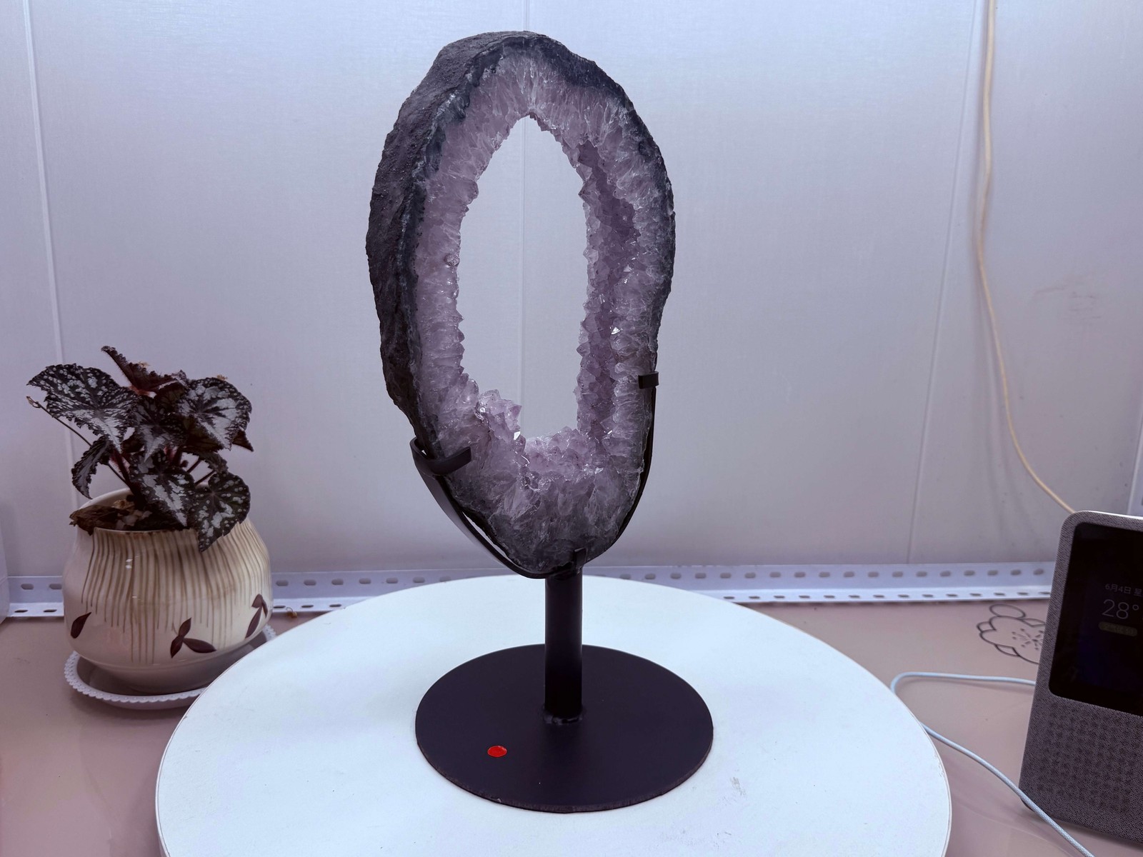 Amethyst Geode Ring Slice Ornament with Metal Stand Home Tabletop Decor Gift