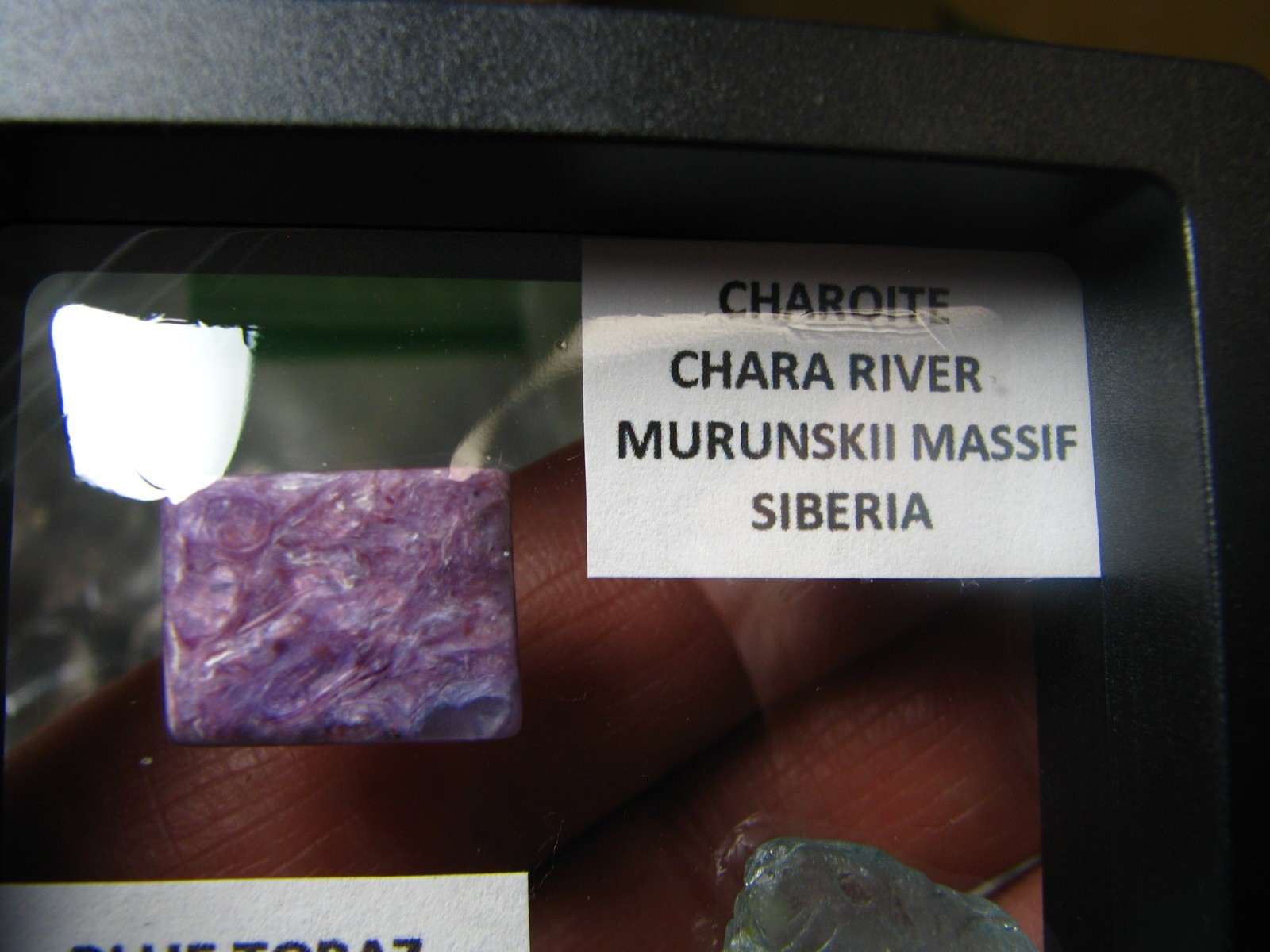 2 THUMBNAILS CHAROITE-SIBERIA BLUE TOPAZ-BRAZIL IN DISPLAY CASE #222