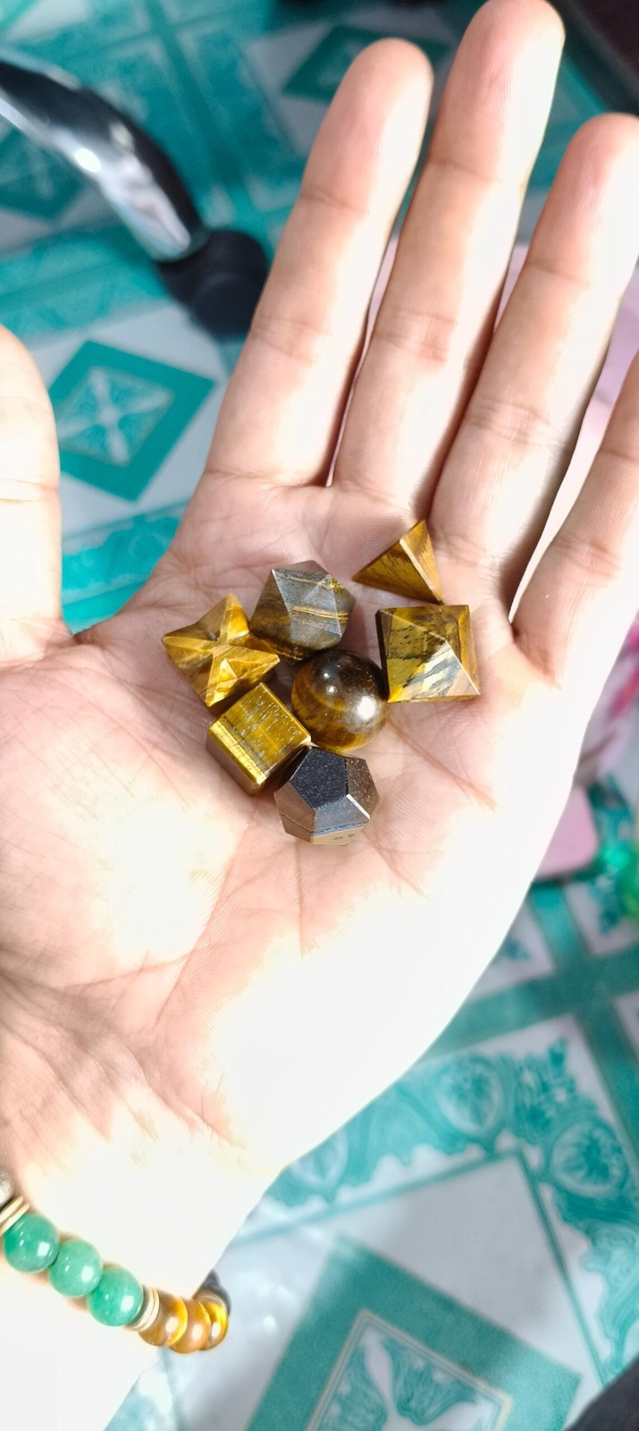Tiger Eye Sacred Geometry Crystal Set 7 Piece Gemstone Kit with Gift Box