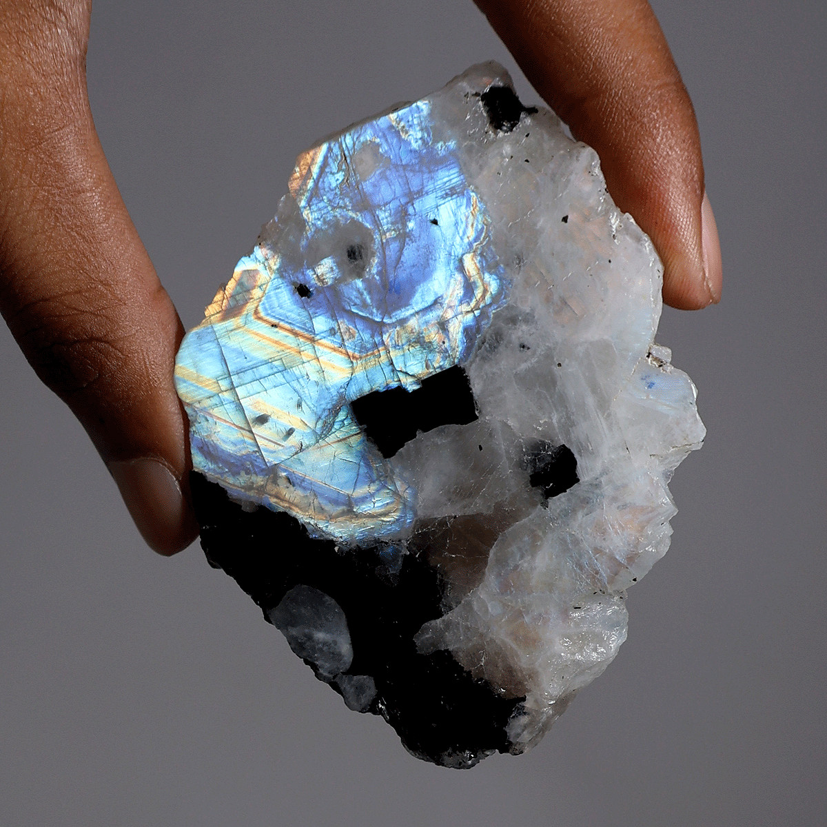 Divine Intuition — Natural Rainbow Moonstone W/ Tourmaline Electric Fire Slab