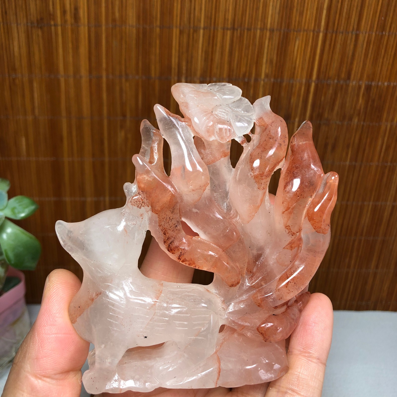 91mm Natural Red gum flower crystal carved Nine Tailed Fox specimens 175g A1799