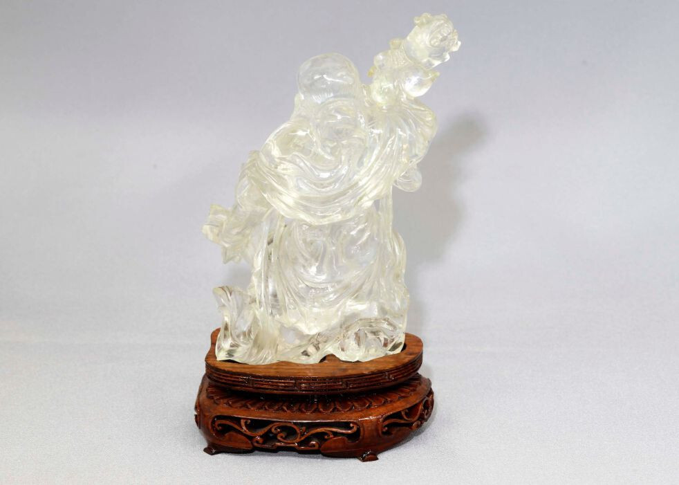 Hand-carved and hand-polished natural crystal quartz. Lohan with gourd and st