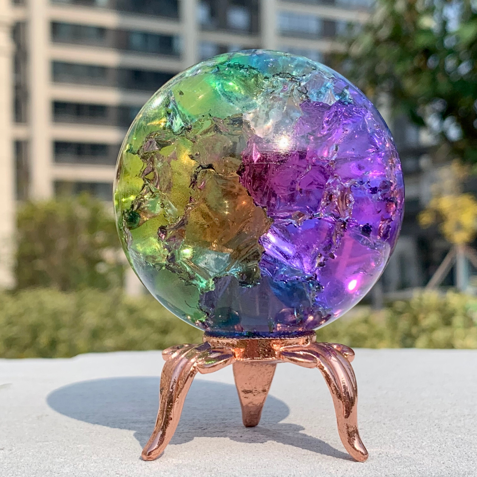 279G Natural Titanium Rainbow Quartz sphere Crystal ball Healing+stand