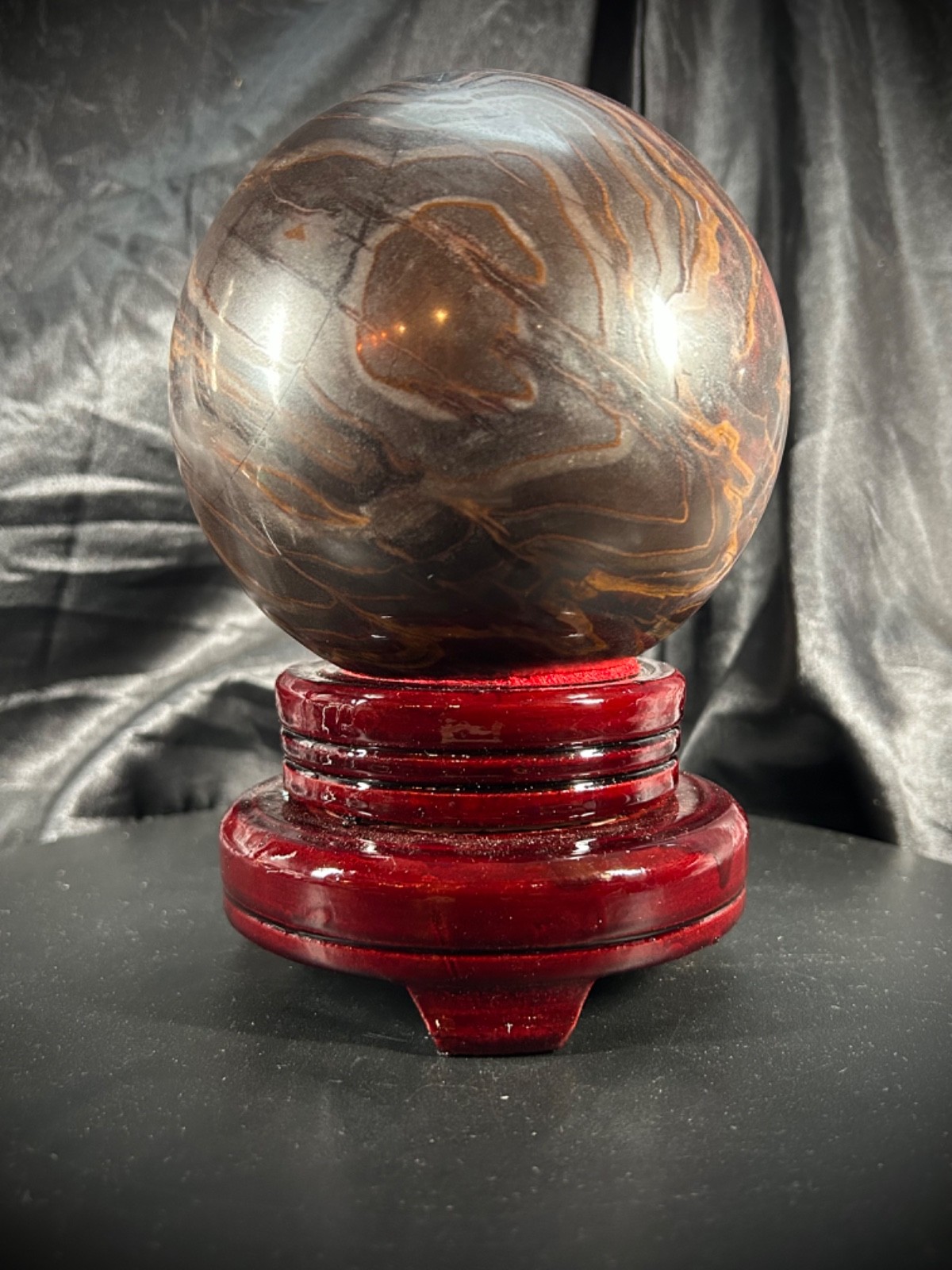 5″ Unique Tiger Iron (AKA Mugglestone) Sphere With Wood Swivel Stand 7lb 4.5oz