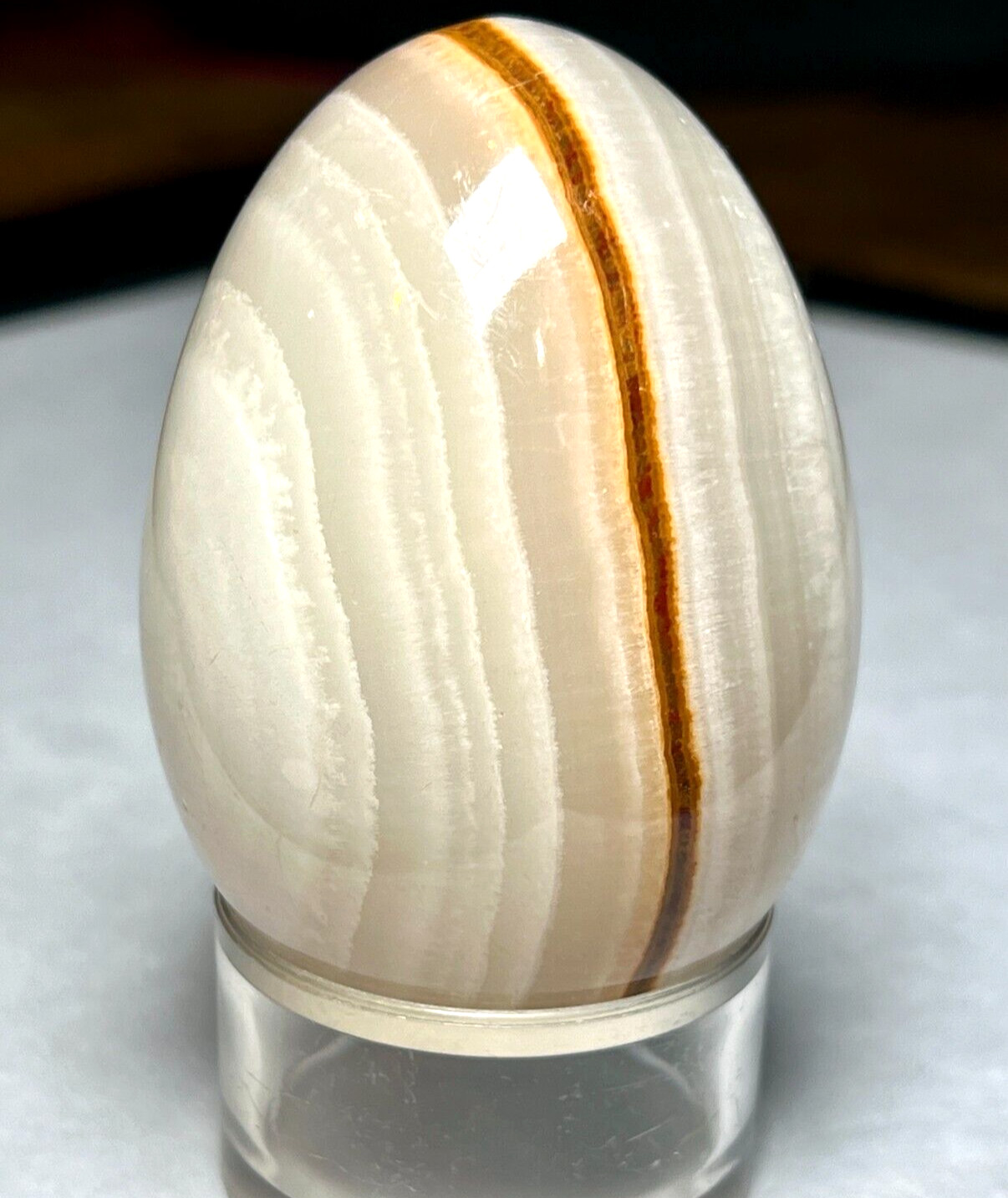 Vintage Natural Gemstone Onyx Agate Carved Polished Stone Egg Plastic Base Stand