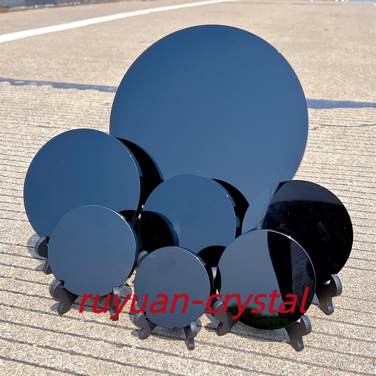 Natural Obsidian Mirror,Obsidian Wafer,Crystal Disk,Reiki Crystal Gift + stand