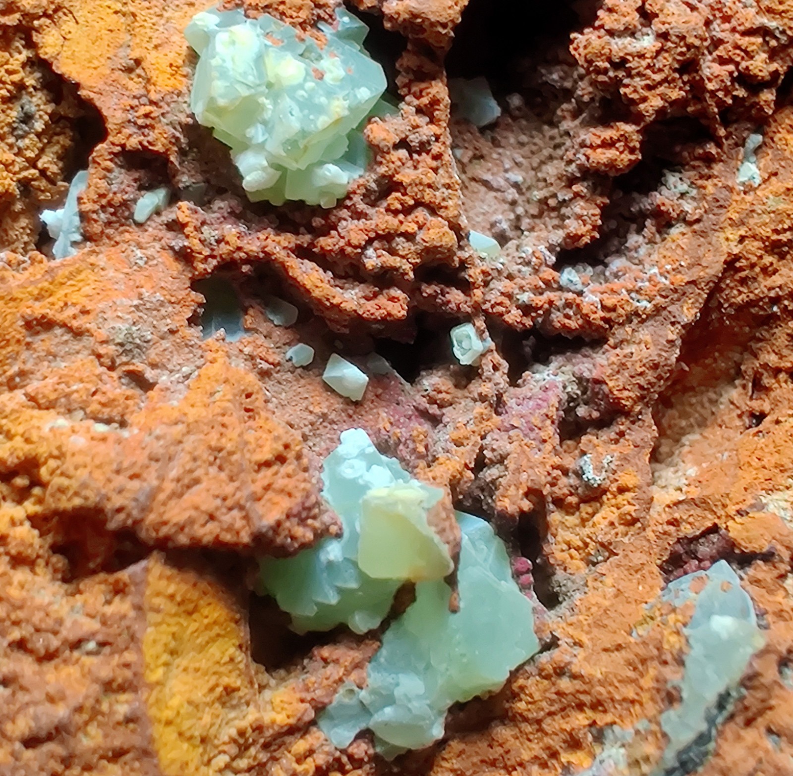 Fluorescent Adamite, Smithsonite on Limonite. Ojuela Mine, Mexico. 163 grams.