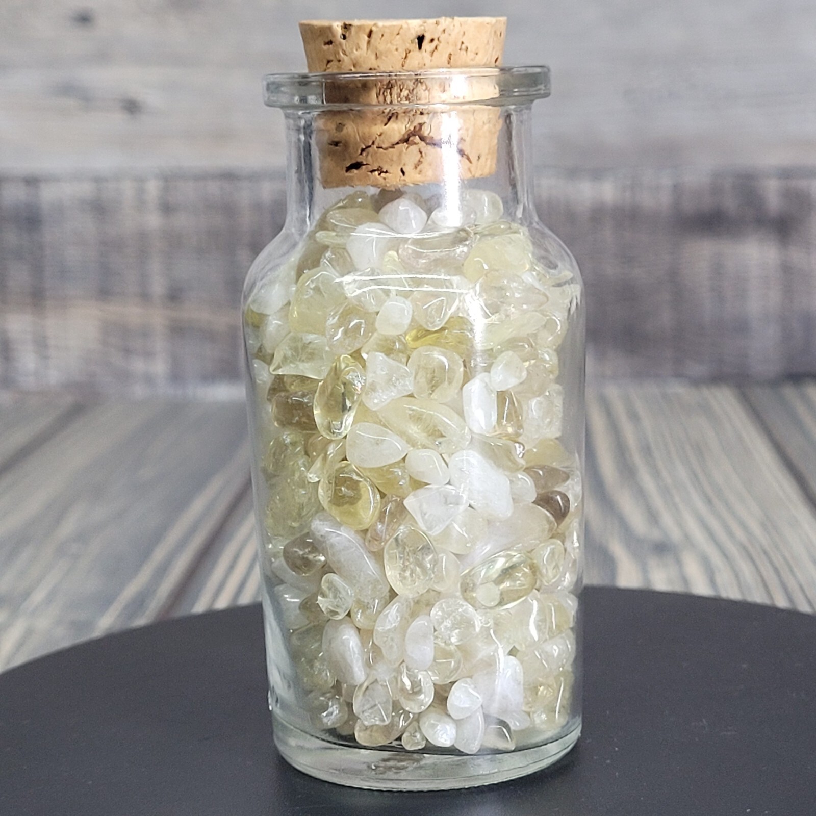 4 oz Citrine Crystal Chip Tumbles in Vintage Apothecary Glass Jar Wagner w/ Cork