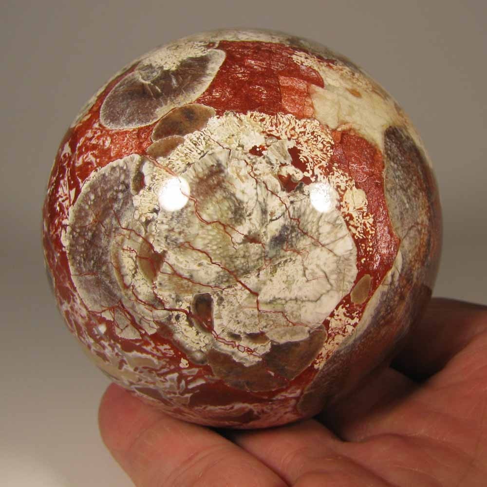 2.9″ MONEY AGATE Rhyolite Gemstone Sphere w/ Stand – Indonesia – 75mm – 1.2 lbs.