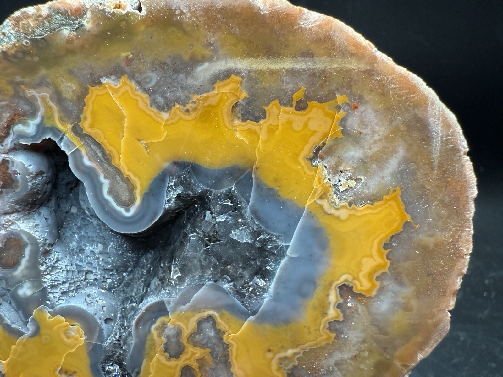 Polished Kentucky Agate Geode Smoky Quartz Botryoidal Yellow banding Estill Co.