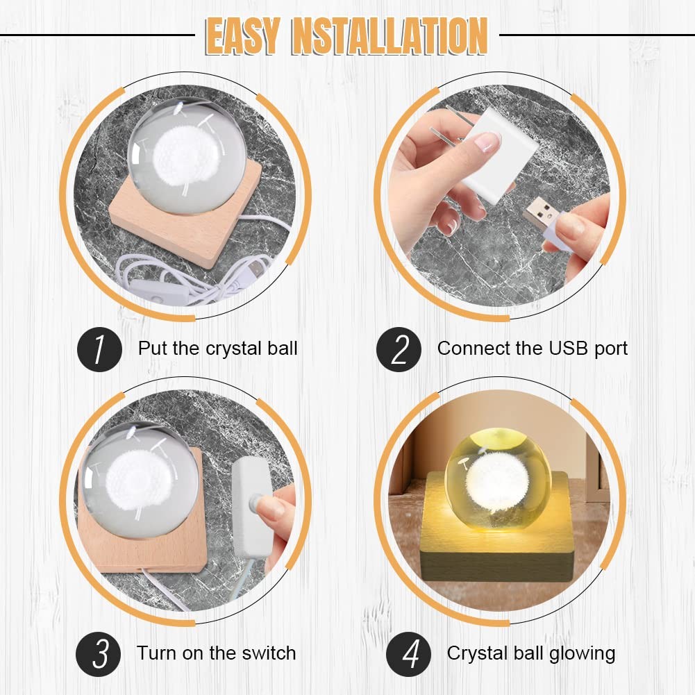 4pcs Wooden Light Base, Round & Square Crystal Sphere Pedestal Stand with USB…