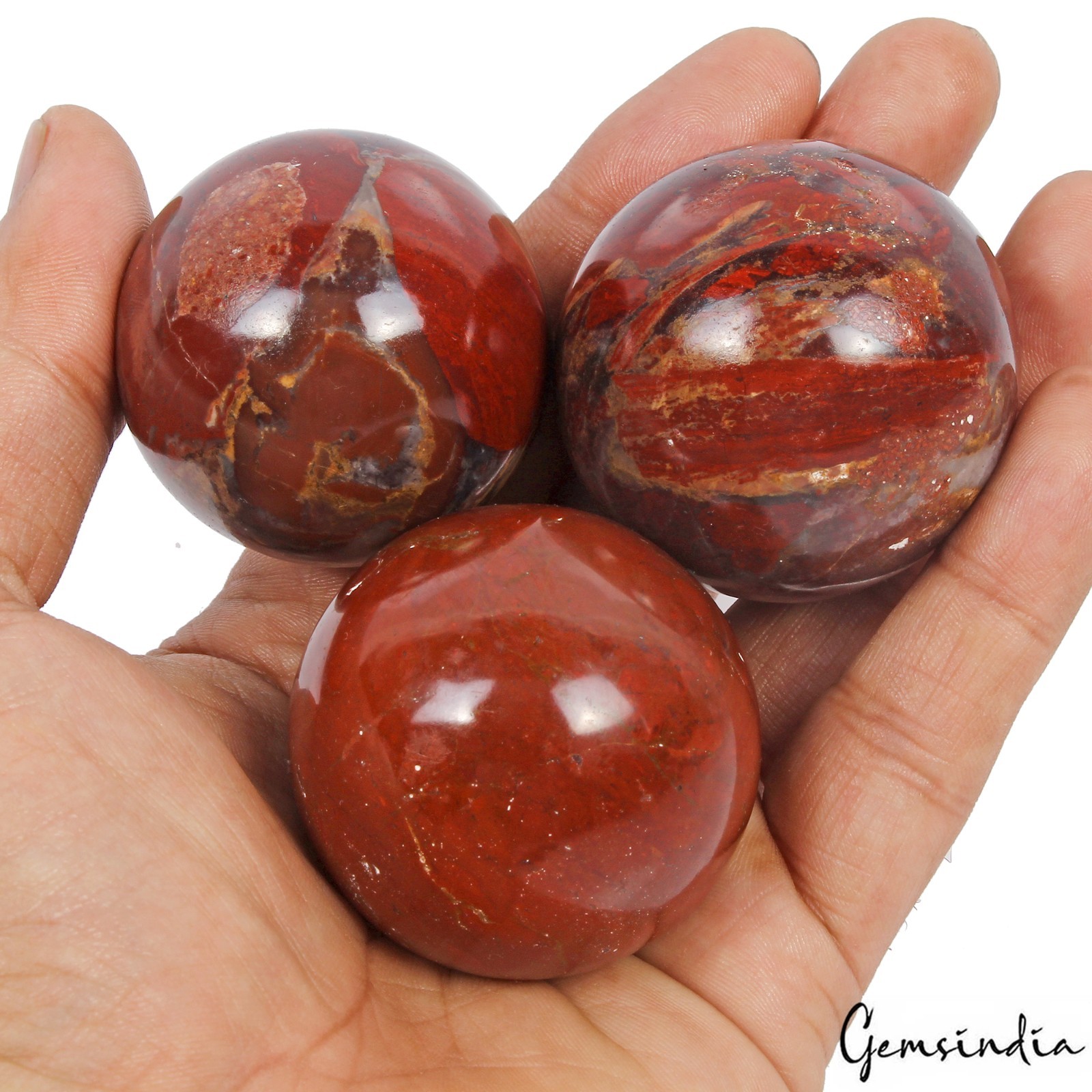 3 Pcs Natural Red Jasper Sphere Set+ Wooden Stands- Bulk Crystal Ball Collection