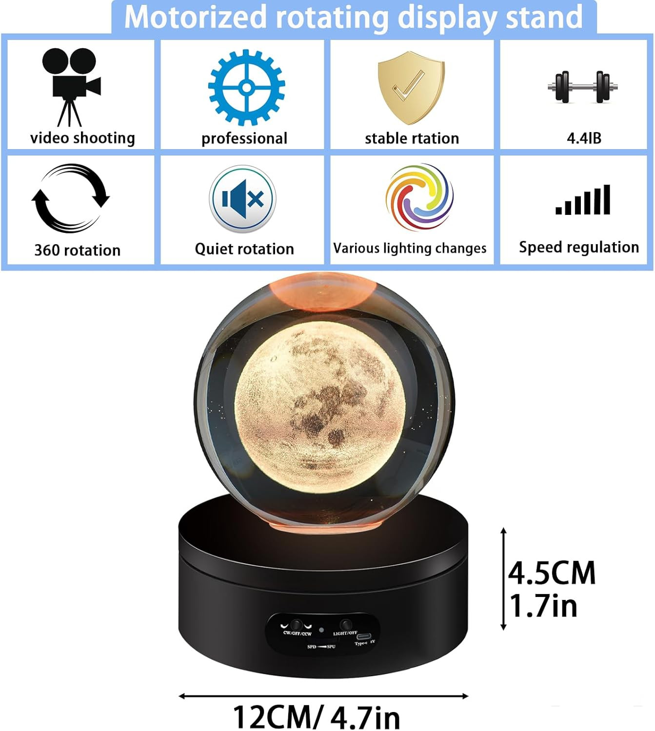 LED Rotating Display Stand, Lighted Base-Crystal Glass Art, 360 Degree Automatic