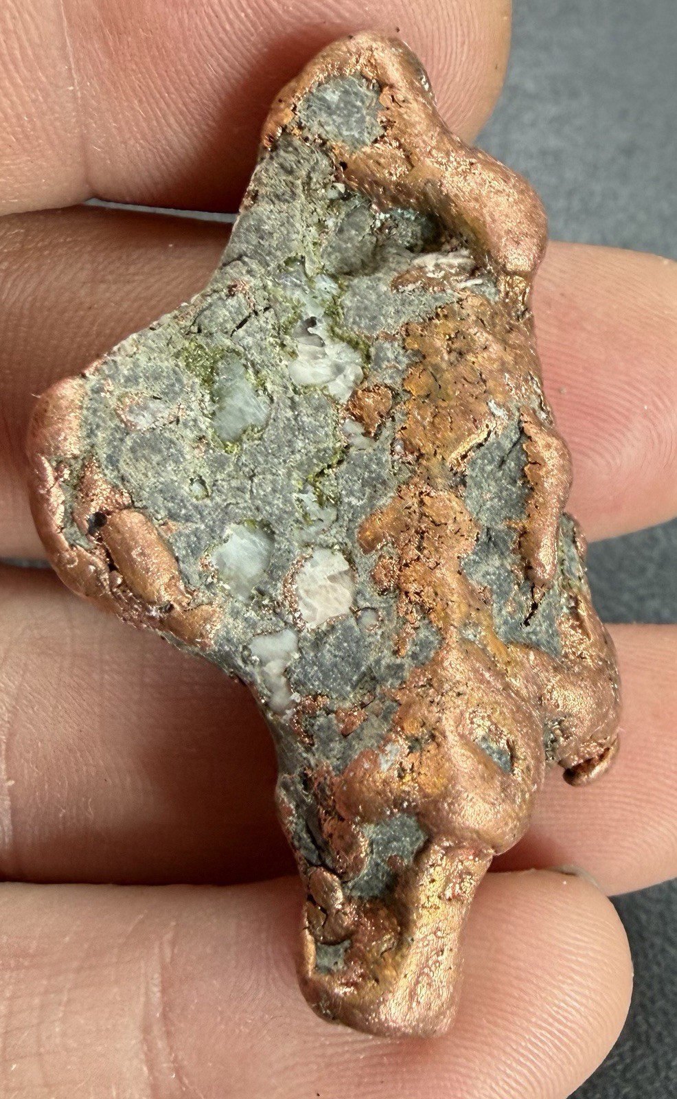 1.3oz Solid Copper Nugget w Natural Quartz, Epidote & Basalt – Keweenaw, Mich