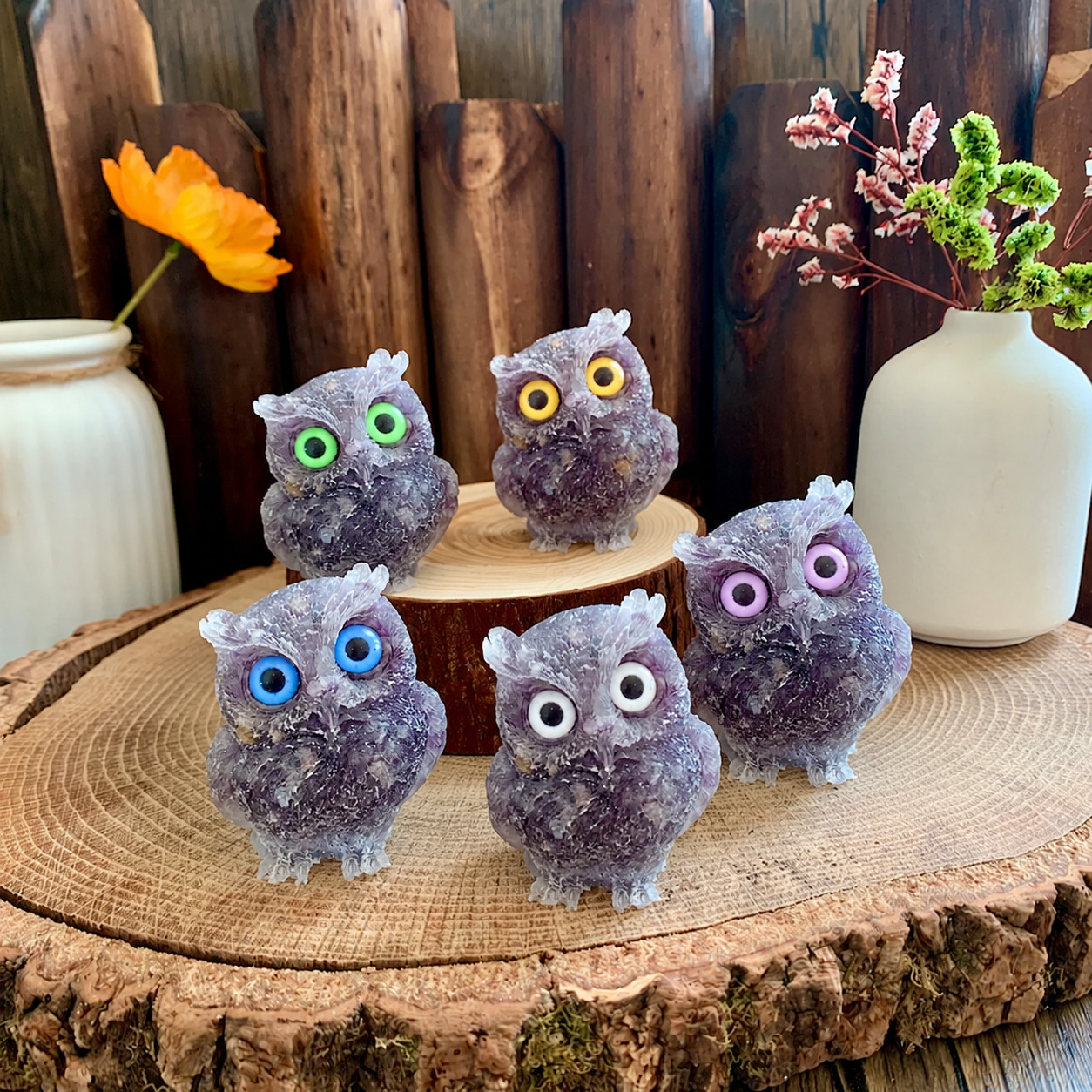 Amethyst Crystal Owl Figurine Natural Gemstone Bird Statue Home Office Decor