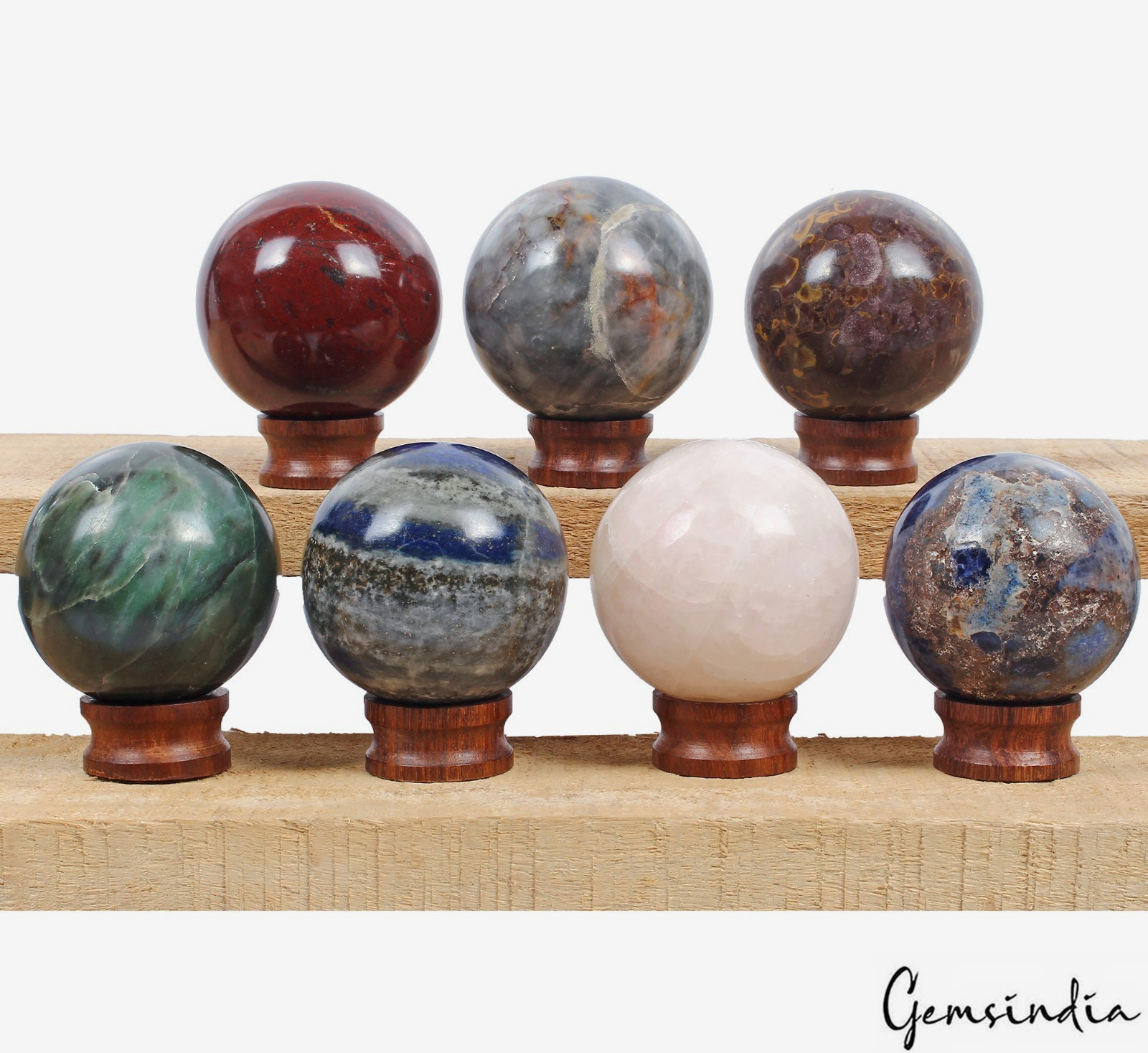 7 Pcs Natural Gemstone Sphere Set + Wooden Stands – Bulk Crystal Ball Collection