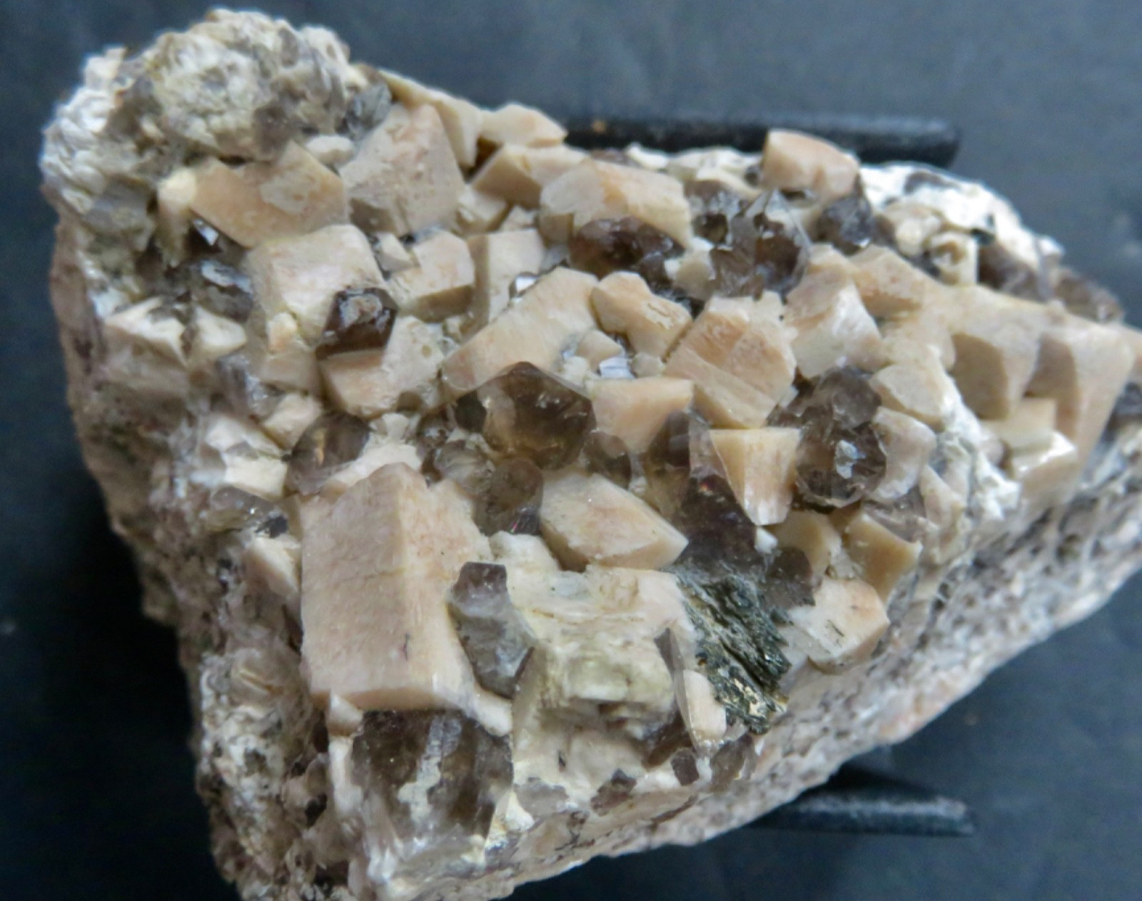 MICROCLINE ( fl.) with SMOKY QUARTZ CRYSTALS – MOAT MTN. – CONWAY, N.H.