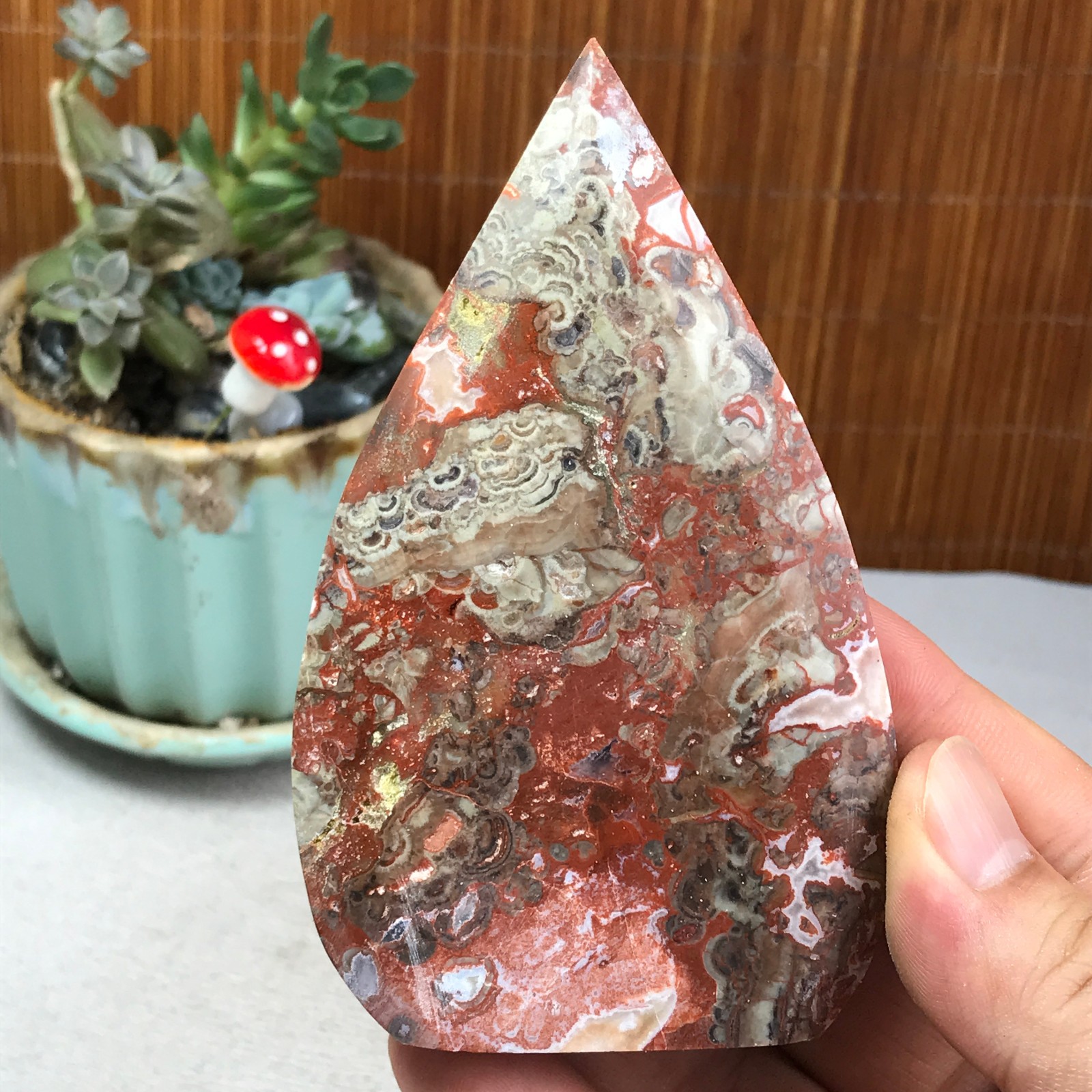 Natural money Mexico agate hand carve leaf Crystal Specimen free standing A6255