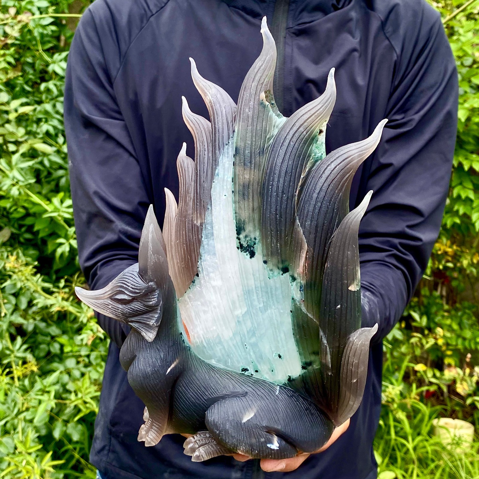 4LB Natural Amethyst Geode Hand Carved Nine-tailed Fox Quartz Crystal Decor