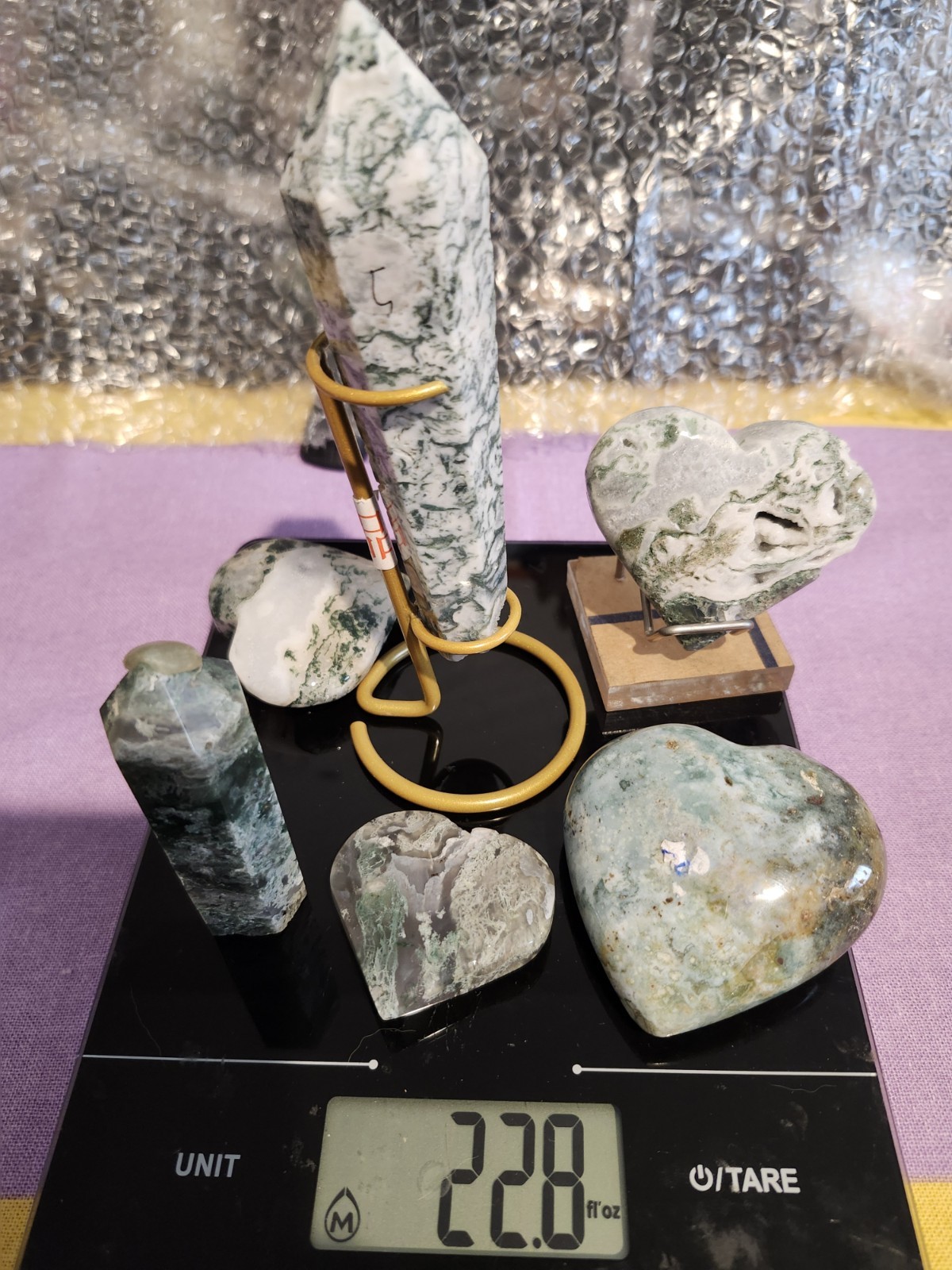 8pc Moss Agate 4 Hearts With 1 Stand,tower, 1 Wand With Golden Color Holder