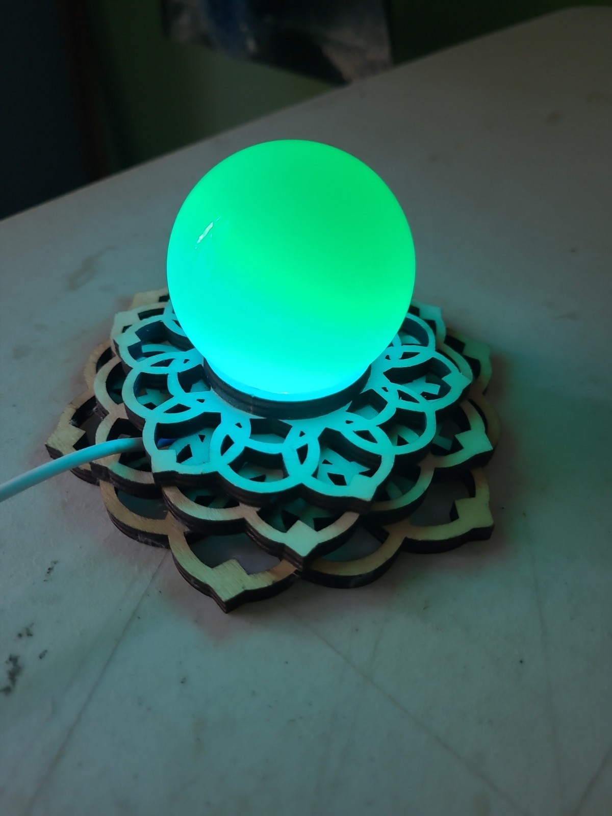 Mandala Light Stand W/ Opalite Sphere & Charger. Sphere Changes Colors When On