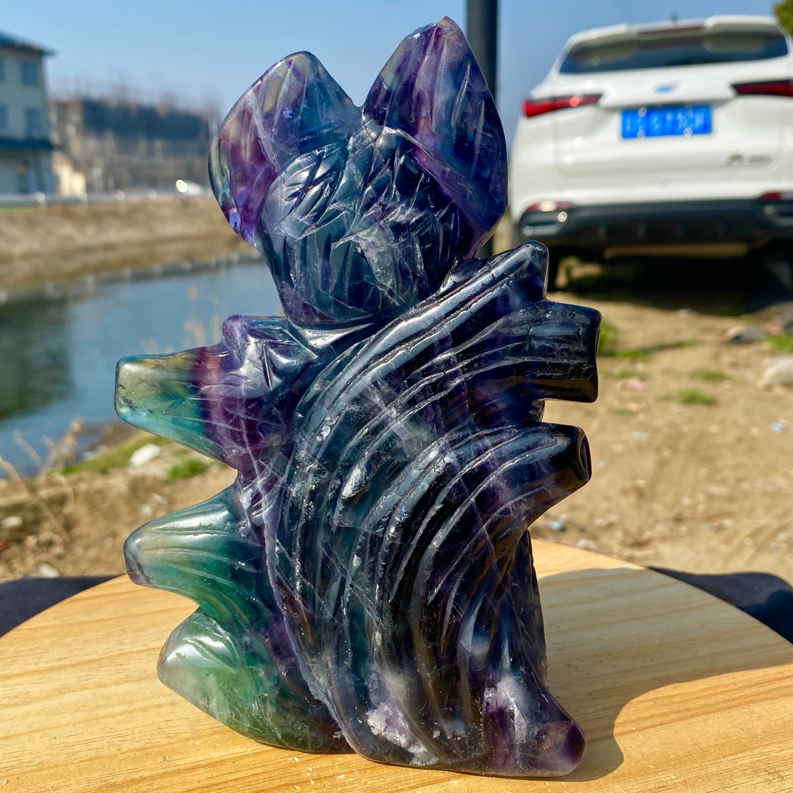 3.63LB Natural Fluorite Quartz Owl Sculpture Hand Carved Crystal Reiki Energy