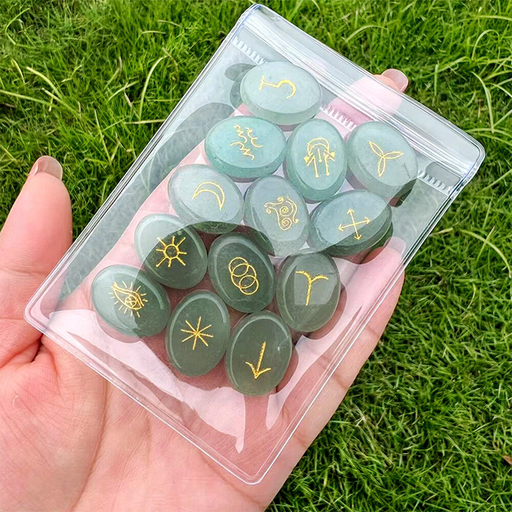 13x Natural Chakra Crystal Runes Stone Carved Witches Pagan Wiccan Healing Reiki