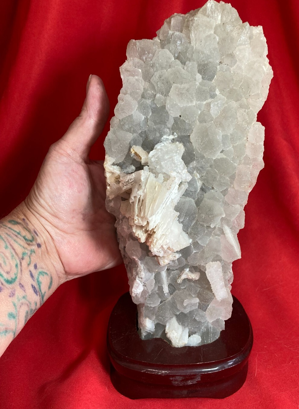 Chalcedony with Anhydrite Natural Crystals on Custom Wood Stand from Brazil #211
