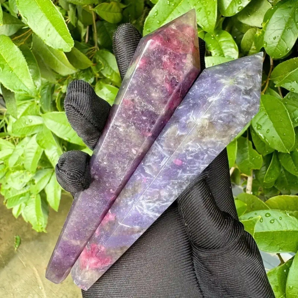 Natural Pink Tourmaline Quartz Crystal Wand Tower Healing Stone Decor + stand