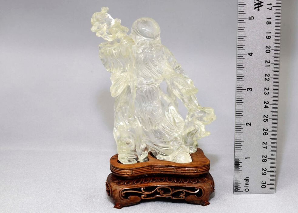 Hand-carved and hand-polished natural crystal quartz. Lohan with gourd and st